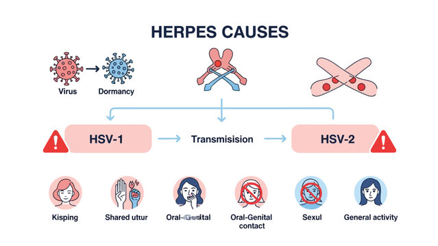Medical Infographic of Herpes Simplex Virus Causes with HSV-1 and HSV-2 transmission routes and icons. Ideal for healthcare education and medical awareness articles.