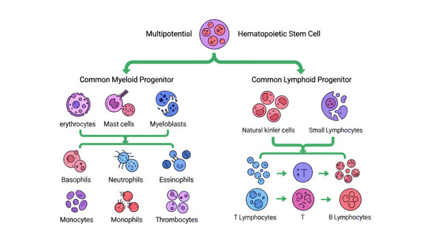 Hematopoiesis Blood Cell Development Diagram with detailed flowchart showing stem cell differentiation into myeloid and lymphoid lineages ideal for medical education and biology textbooks.