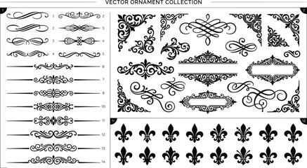 Vintage vector ornament collection, elegant black filigree dividers and corner borders, classic fleur de lis symbols and decorative frames for wedding stationery © Angel