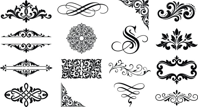 Ornate scrollwork flourishes and decorative borders in a classic black and white pattern for elegant design