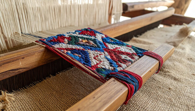 Intricate woven textile pattern on a wooden loom showcasing traditional craftsmanship