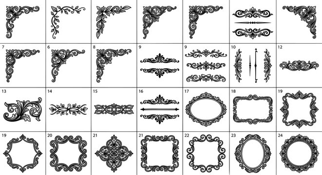 Ornate vintage decorative elements and borders with intricate scrollwork and floral motifs on white background