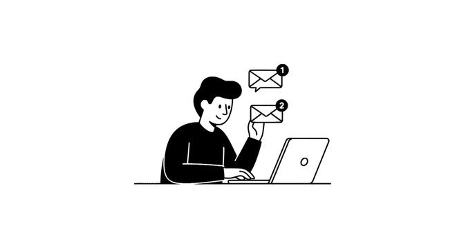 Man using laptop with email icons.