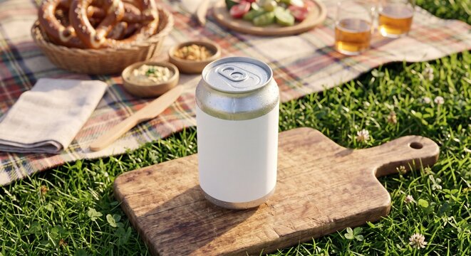 Blank white label mockup on stubby beer can on wooden board at sunny picnic