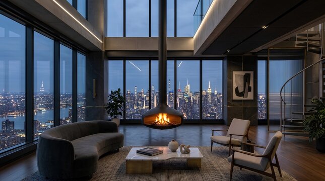 Floating Suspended Luxury Fireplace in Contemporary Penthouse