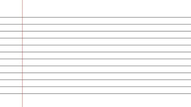 Lined notebook paper drawing animation white background, animated school journal page writing
