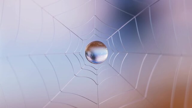 Single water droplet suspended within delicate spider web, centered in soft pastel glow with geometric symmetry, fine thread detail, calm natural abstract composition
