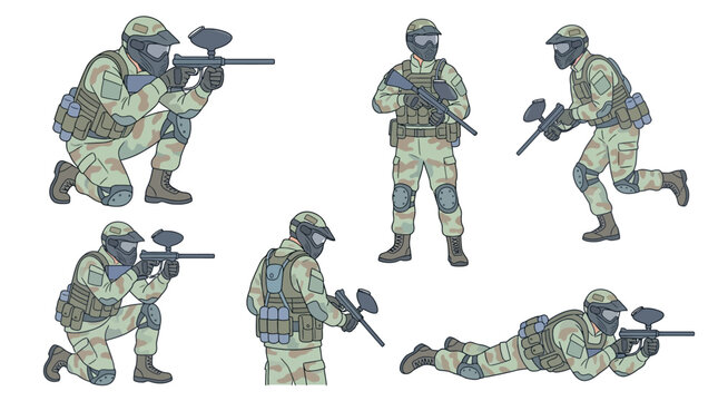 Paintball players in camouflage gear in various action poses