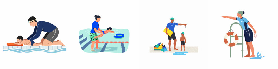 Flat vector illustrations of children learning to swim with instructors and a lifeguard at a swimming pool. © Kadal