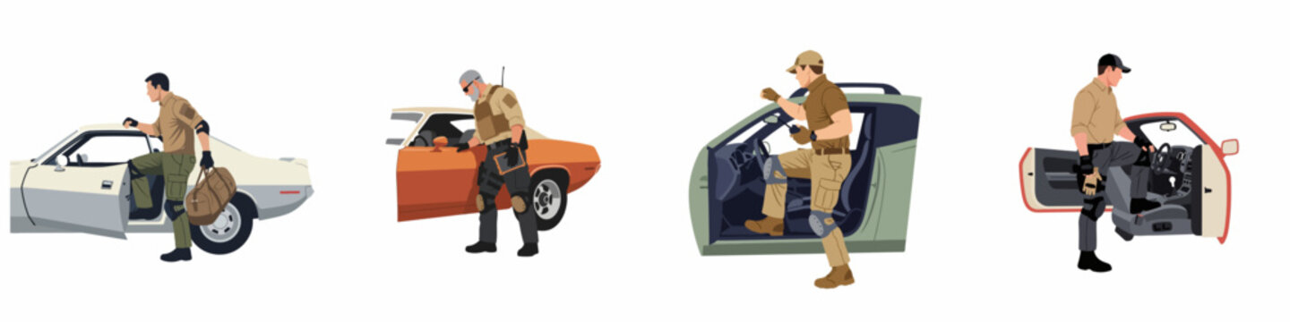 Set of four vector illustrations showing tactical contractors or special forces operators getting into muscle cars and modern vehicles on a white background.