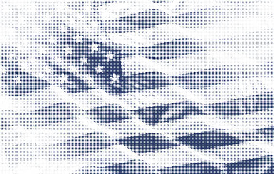 Halftone style illustration of the american flag, featuring a blue and white dotted pattern representing the stars and stripes, abstract patriotic design with a vintage print effect