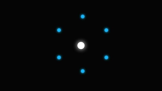 A glowing white central sphere surrounded by six small blue orbiting dots