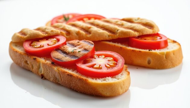 Toasted slices topped with fresh ripe tomatoes. Simple and healthy snack, perfect for summer lunch or picnic. Delicious appetiser with grilled bread base.