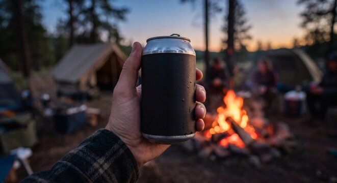 Blank black label mockup on stubby beer can held by hand POV at campfire