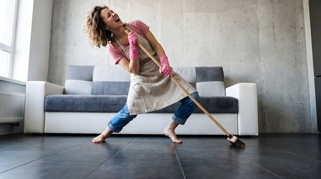 Energetic woman cleaning house floor with mop in modern living room expressing emotion