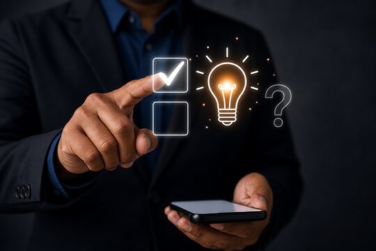 Businessman using smartphone with idea light bulb and decision icons on dark background