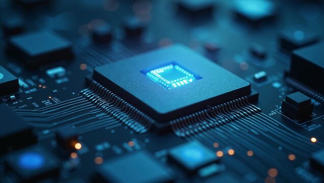 Close-Up of a Computer Chip Illuminated with Blue Light