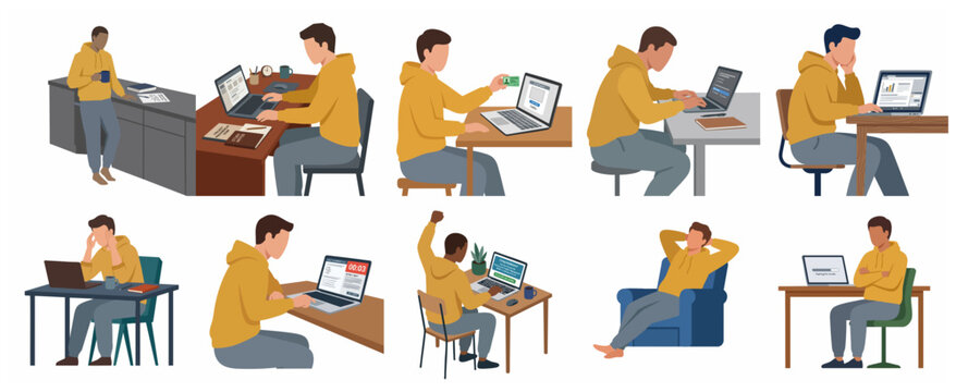 Flat vector illustration set of men working on laptops, studying, and experiencing various emotions like stress, success, and boredom in a home office or educational setting.