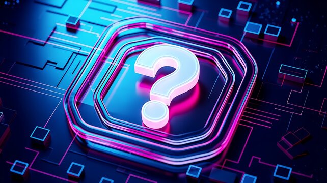 Futuristic digital question mark on glowing technology interface representing AI, cybersecurity, problem solving and innovation