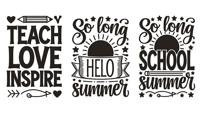 Set of teacher appreciation and back to school typography quotes with inspirational hand lettering designs