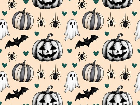 Seamless halloween pattern featuring carved pumpkins ghosts bats and spiders