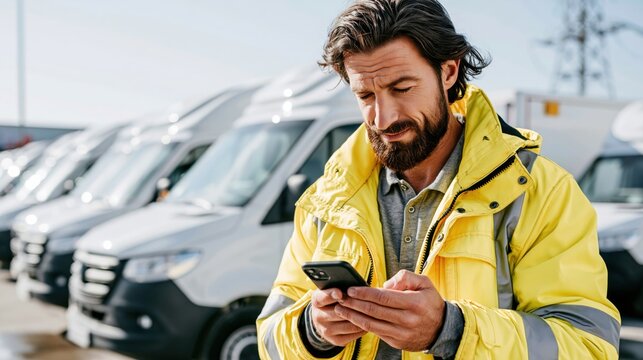 Fleet manager using a smartphone to monitor commercial vehicles. Concept of fleet management, logistics, vehicle tracking, transportation technology and mobile operations