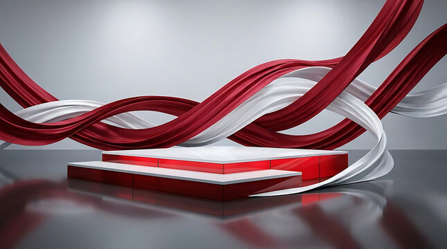 Modern stage platform with flowing ribbons for presentation