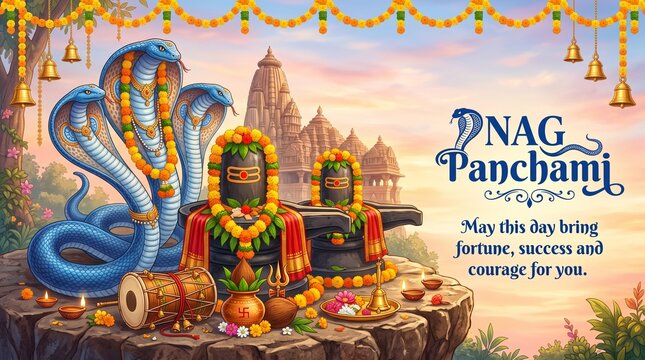 Nag Panchami, vector, Lord Shiva, Shiva Lingam, cobra snake, snake worship, Hindu festival, Indian tradition, greeting card, temple background, dynamic illustration, multi headed cobra, Naag Panchami,