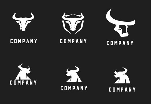 Set of modern minimalist bull head logos in white on black background, showcasing strength and powerful design for company branding or sports teams.