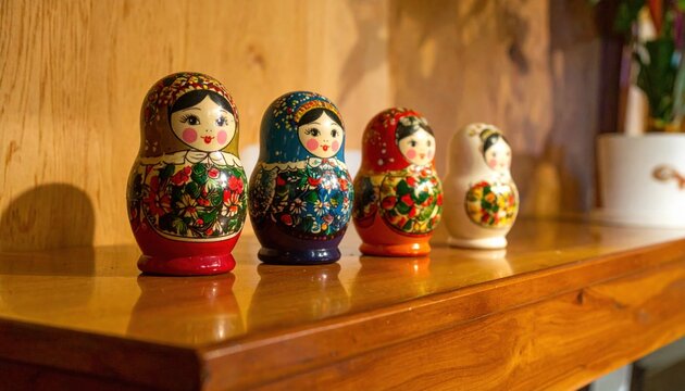 A line of colorful, hand-painted ceramic nesting Matryoshka dolls displayed on a wooden surface