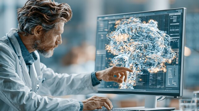 Diagnostic Scan radiologist and AI diagnostic system working together, doctor reviewing AI-enhanced medical scan on large monitor, highlighted anomaly detection overlay, hospital radiology department,