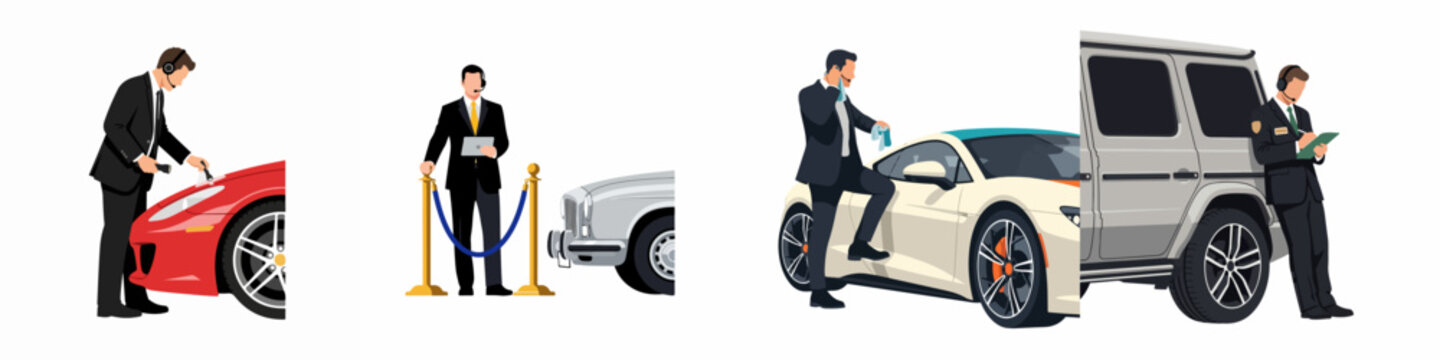 Set of vector illustrations of professional valet and security attendants in suits managing luxury vehicles at a high-end event.