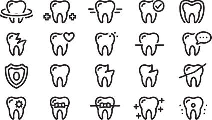 Fototapeta premium Dental Care Outline Icons with Healthy Tooth Implant Braces and Dentist Symbols