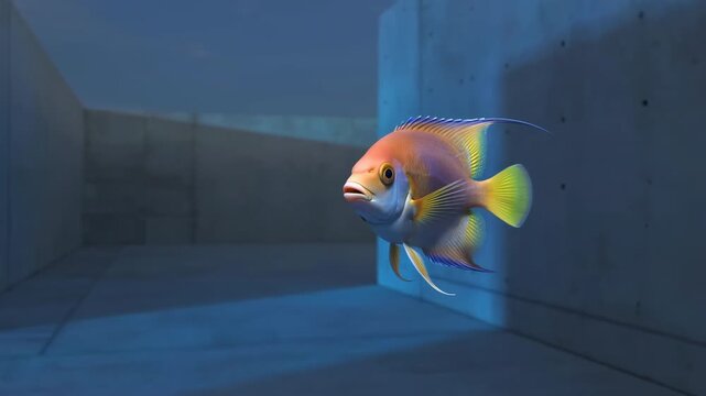Tropical angelfish gliding inside concrete enclosure with gentle fin movement, vivid scales, and calm surreal mood against minimalist industrial backdrop, with fish, angelfish, tropical, aquatic
