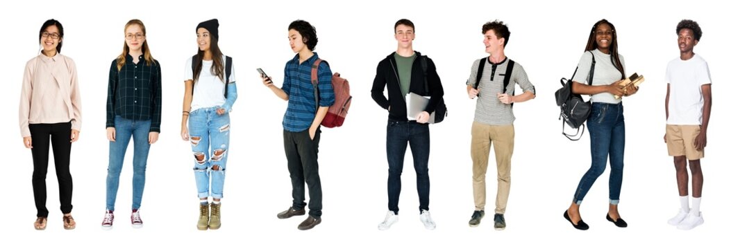 Diverse students standing together isolated element set