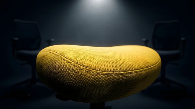 A single, bright yellow chair dramatically illuminated by a spotlight, standing out in a dark, mysterious room, symbolizing focus, opportunity, or the hot seat for an important discussion