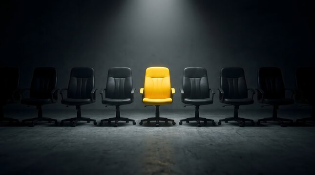 Bright yellow office chair standing out from a row of black chairs under a spotlight