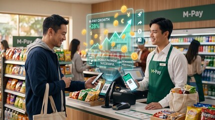 Fototapeta premium Cashier assisting customer with mobile phone payment featuring 3D growth graph and flying coins