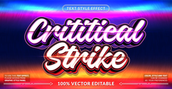 Editable Critical Strike text effect with bold 3D gaming typography. Fully customizable vector template for logos, posters, banners, and headlines.
