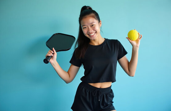 Young happy Asian woman holds black pickleball paddle, yellow ball. Person wears black sports clothes posing against light blue wall. Active girl smiling enjoys hobby recreation training practice