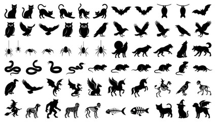 Fototapeta premium Halloween Animal Silhouette Collection Black Cat Bat Owl Spooky Vector Icons