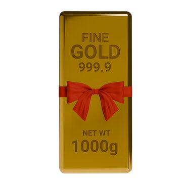 Gold Bar Bullion with Red Ribbon Gift Bow 1000g Ingot 3D Render Illustration