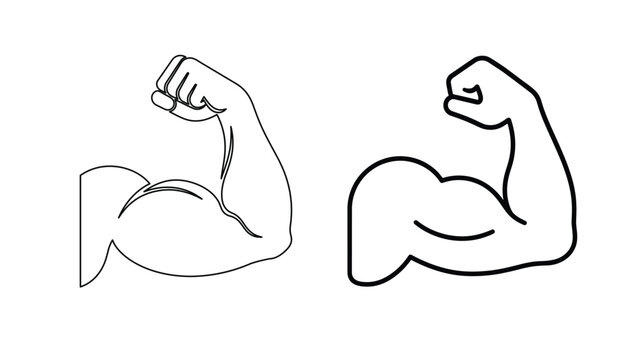 Flexed Arm Muscle Outline and Silhouette Icon Set Isolated on White Background, Human Bicep Strength, Fitness, Bodybuilding, Gym, Power and Athletic Performance Symbol Collection