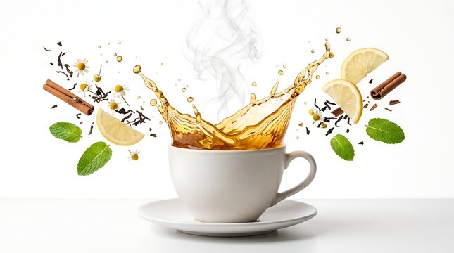 Splash of tea with herbs and lemon on white background