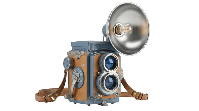 Vintage twin lens reflex camera with flash. Retro film photography equipment isolated on white background.