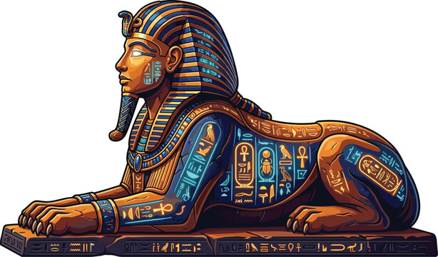 Ancient Egyptian Great Sphinx vector illustration with golden pharaoh head and body covered in glowing blue hieroglyphics