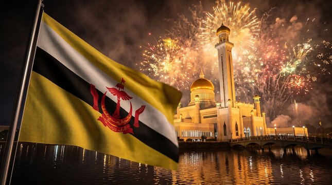 Brunei national flag waving with illuminated Sultan Omar Ali Saifuddien Mosque and festive fireworks at night