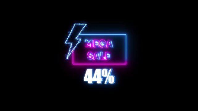 Neon mega sale 44 percent off sign with lightning bolt symbol for retail marketing promo