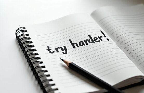 Notebook with handwritten text try harder. and black pencil on white background. Message about effort and perseverance for motivation and business goals.