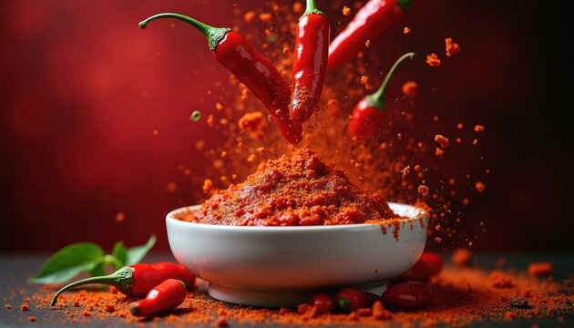 Fresh red chili peppers explode above white bowl with grounded spice powder. Bright hot seasoning particles fly in air near spicy vegetable base. Culinary organic ingredient dynamic composition